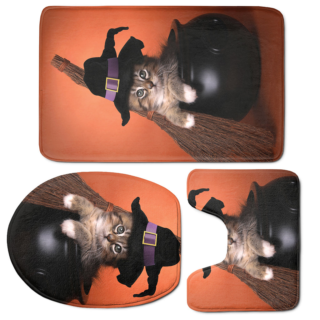 Halloween Cute Witch Cat Print 3 Piece Bath Mat Set
