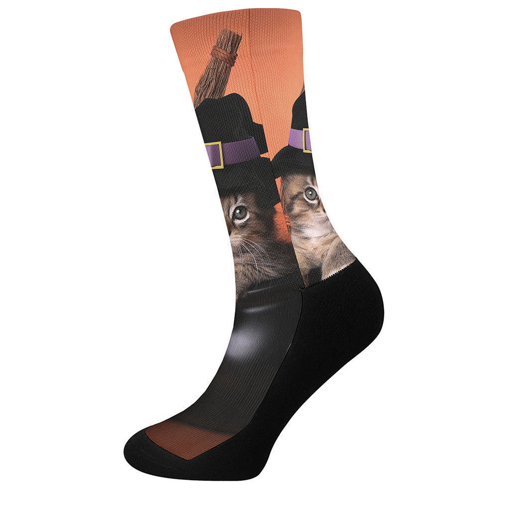 Halloween Cute Witch Cat Print Crew Socks
