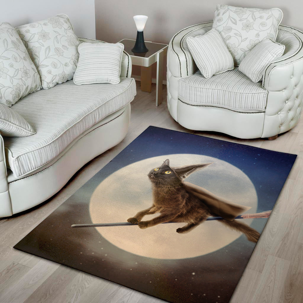 Halloween Flying Witch Cat Print Area Rug