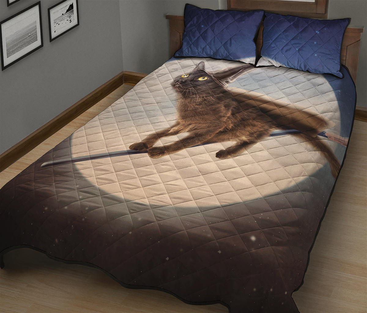 Halloween Flying Witch Cat Print Quilt Bed Set