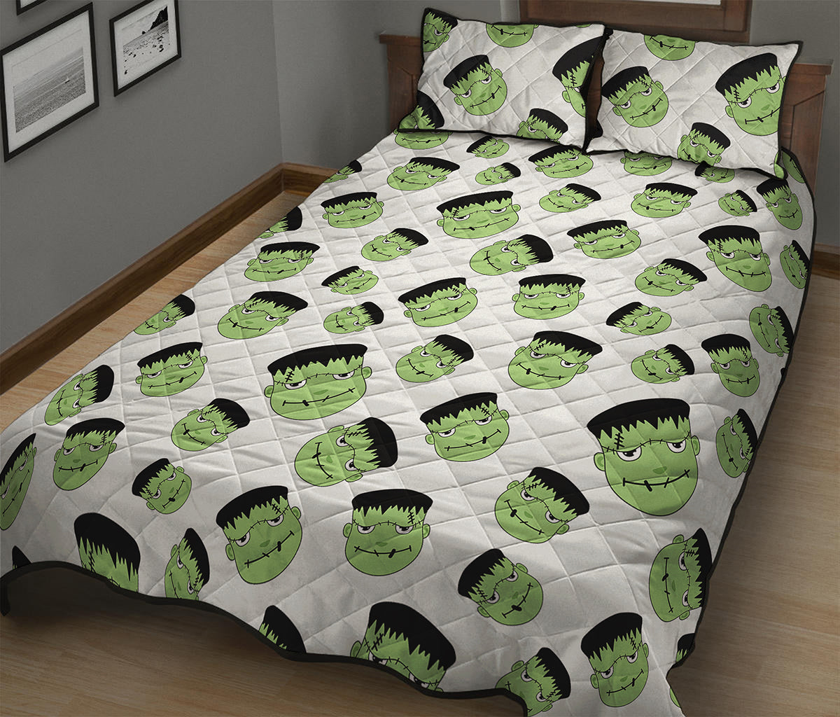 Halloween Frankenstein Pattern Print Quilt Bed Set