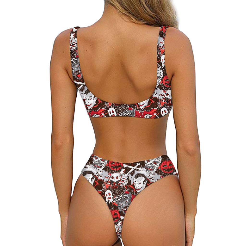 Halloween Monsters Pattern Print Front Bow Tie Bikini