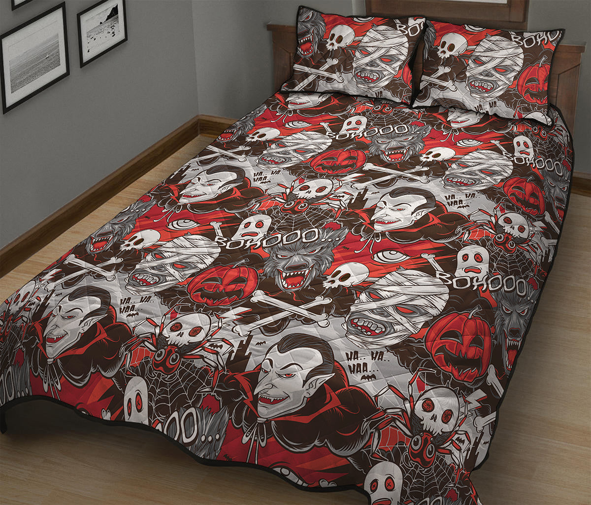 Halloween Monsters Pattern Print Quilt Bed Set