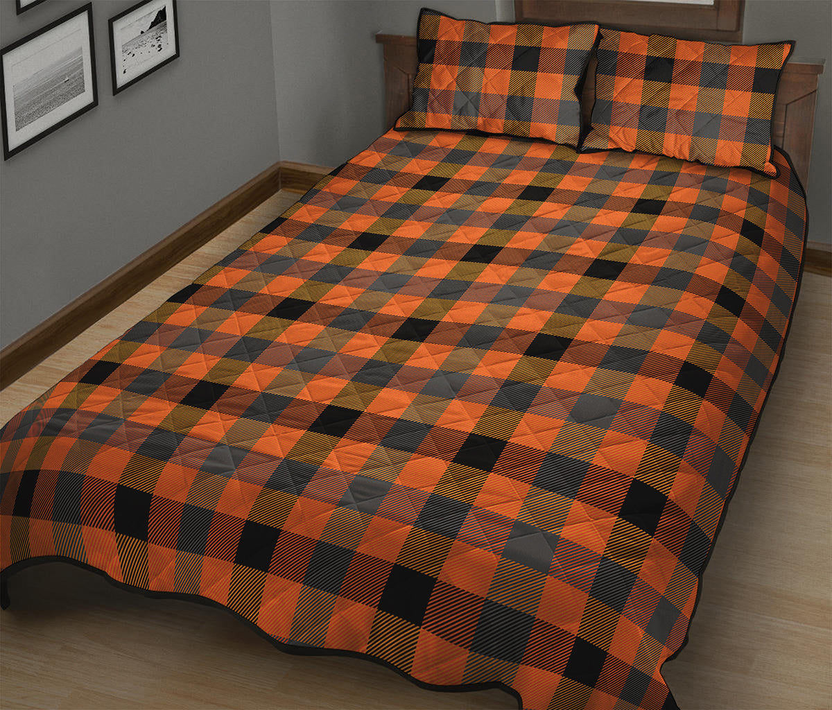 Halloween Orange Buffalo Check Print Quilt Bed Set