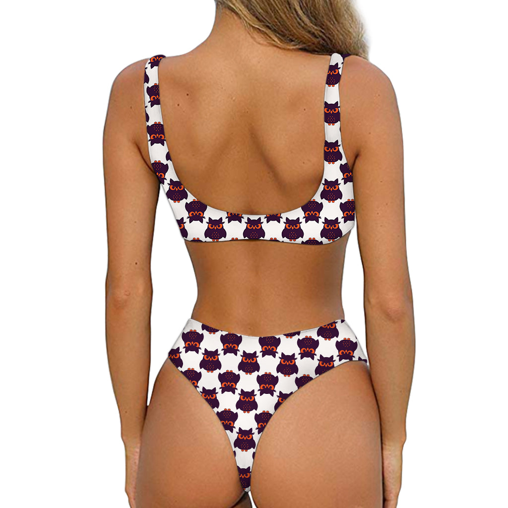 Halloween Owl Pattern Print Front Bow Tie Bikini