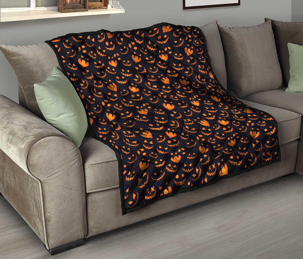 Halloween Pumpkin Faces Pattern Print Quilt