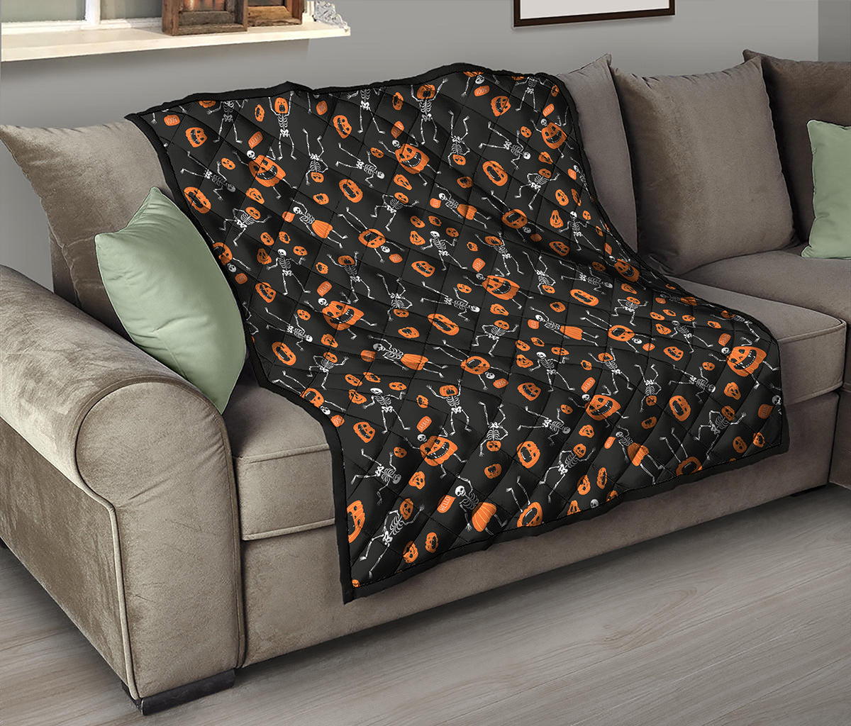 Halloween Skeleton And Pumpkin Print Quilt