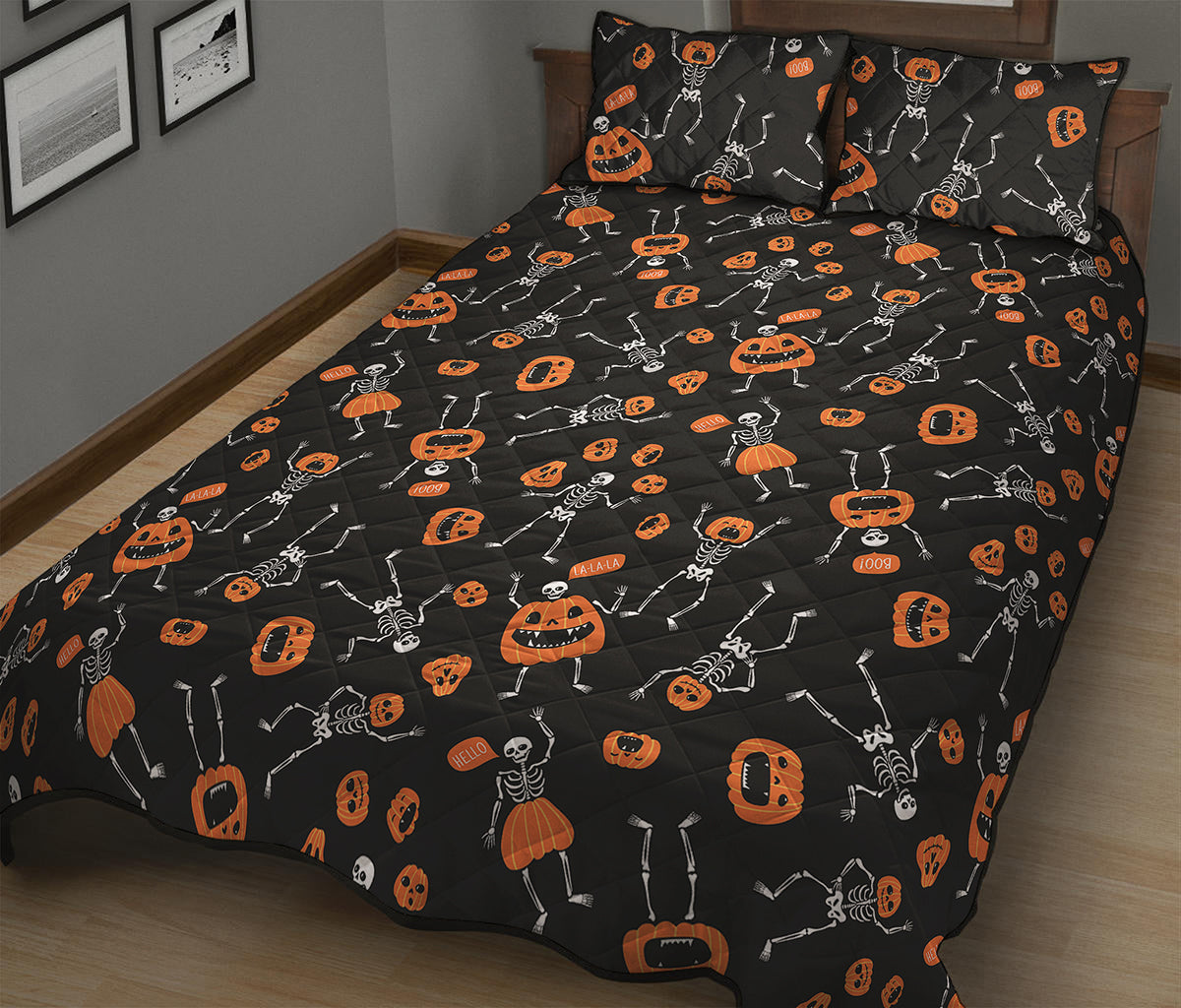 Halloween Skeleton And Pumpkin Print Quilt Bed Set
