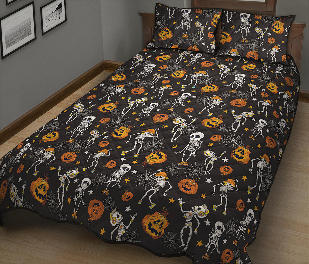 Halloween Skeleton Party Pattern Print Quilt Bed Set