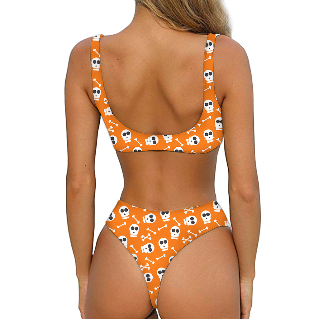 Halloween Skull Pattern Print Front Bow Tie Bikini