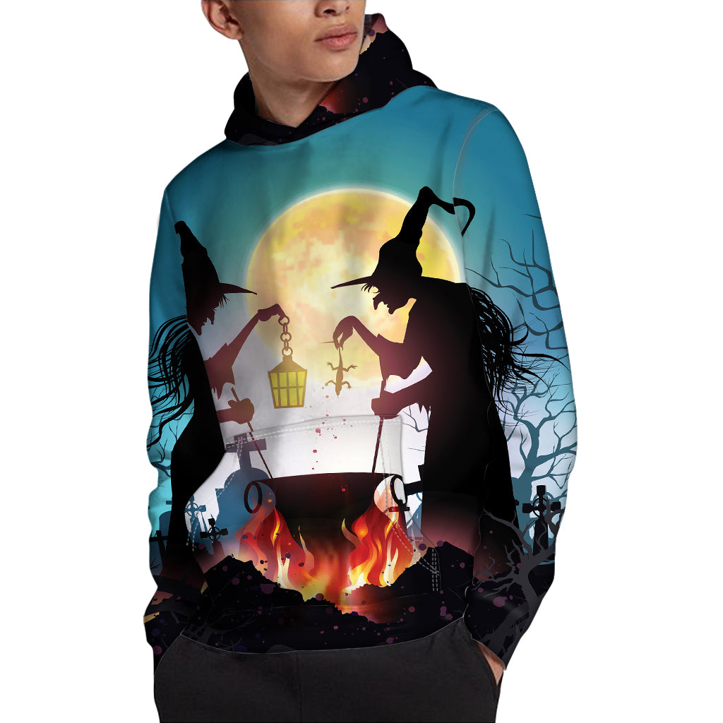 Halloween Witch And Cauldron Print Pullover Hoodie