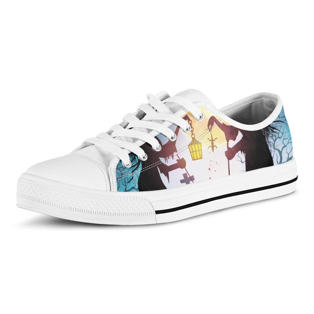 Halloween Witch And Cauldron Print White Low Top Shoes