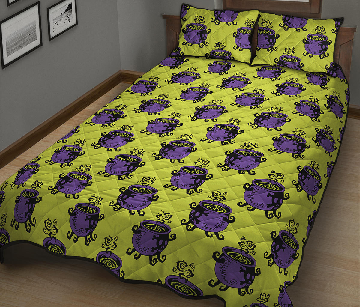 Halloween Witch Cauldron Pattern Print Quilt Bed Set