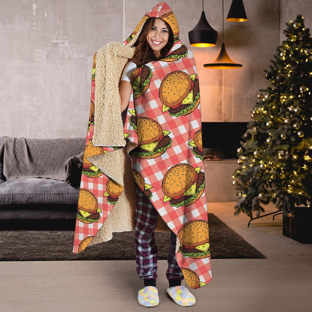 Hamburger Plaid Pattern Print Hooded Blanket