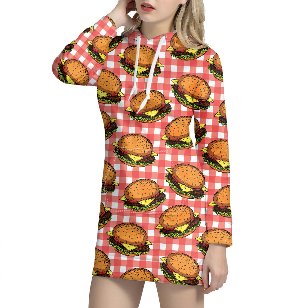 Hamburger Plaid Pattern Print Hoodie Dress