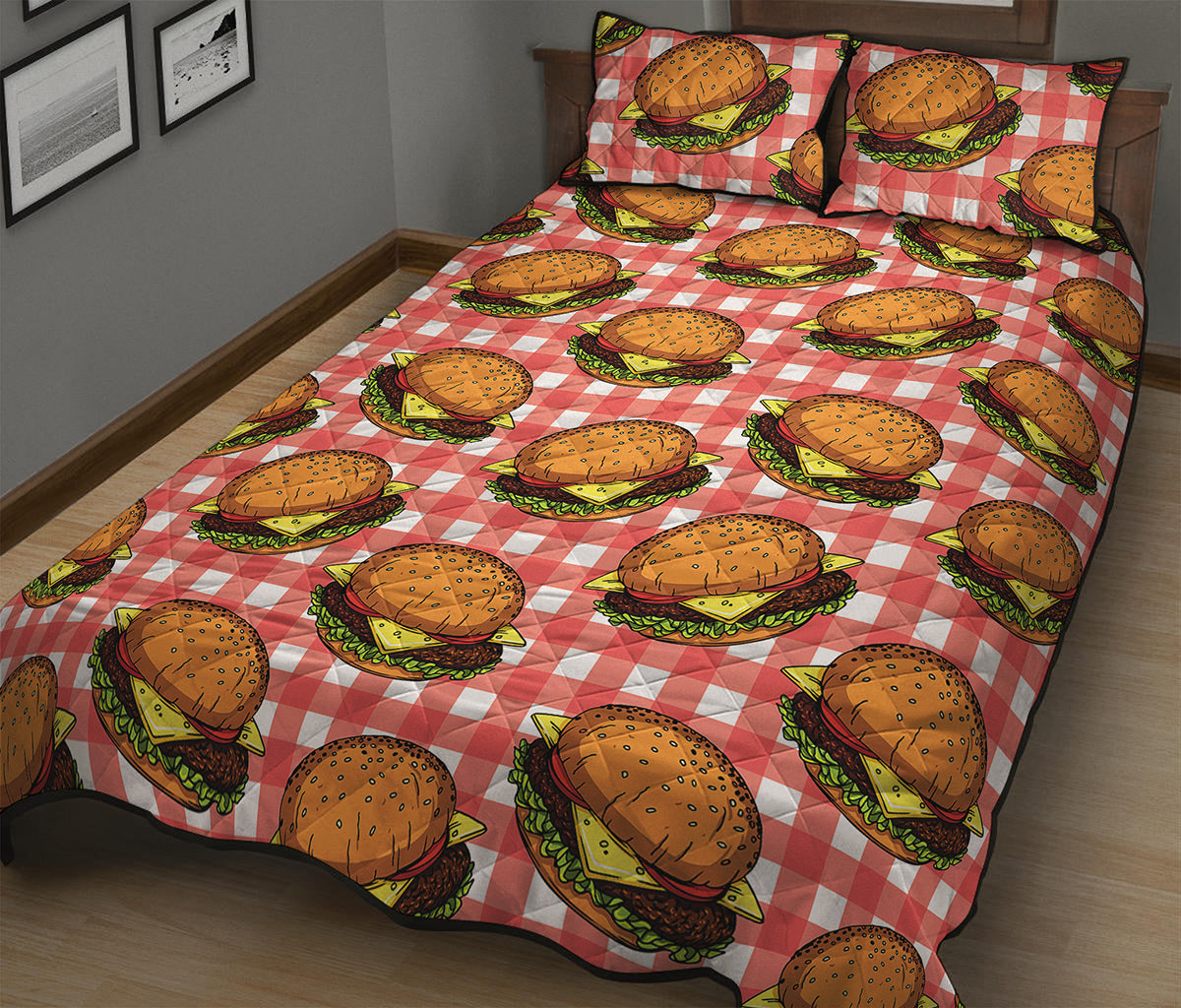 Hamburger Plaid Pattern Print Quilt Bed Set