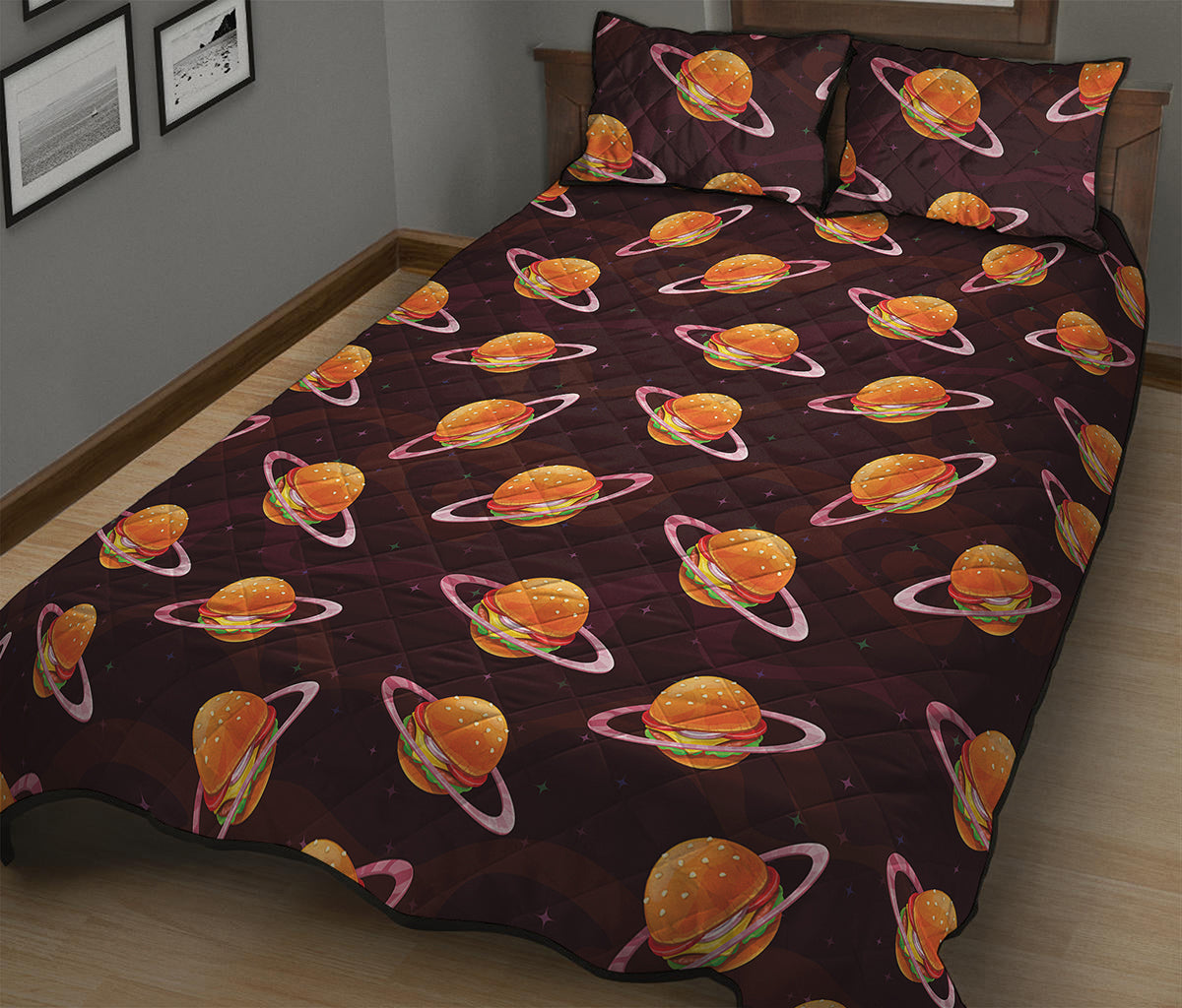 Hamburger Planet Pattern Print Quilt Bed Set
