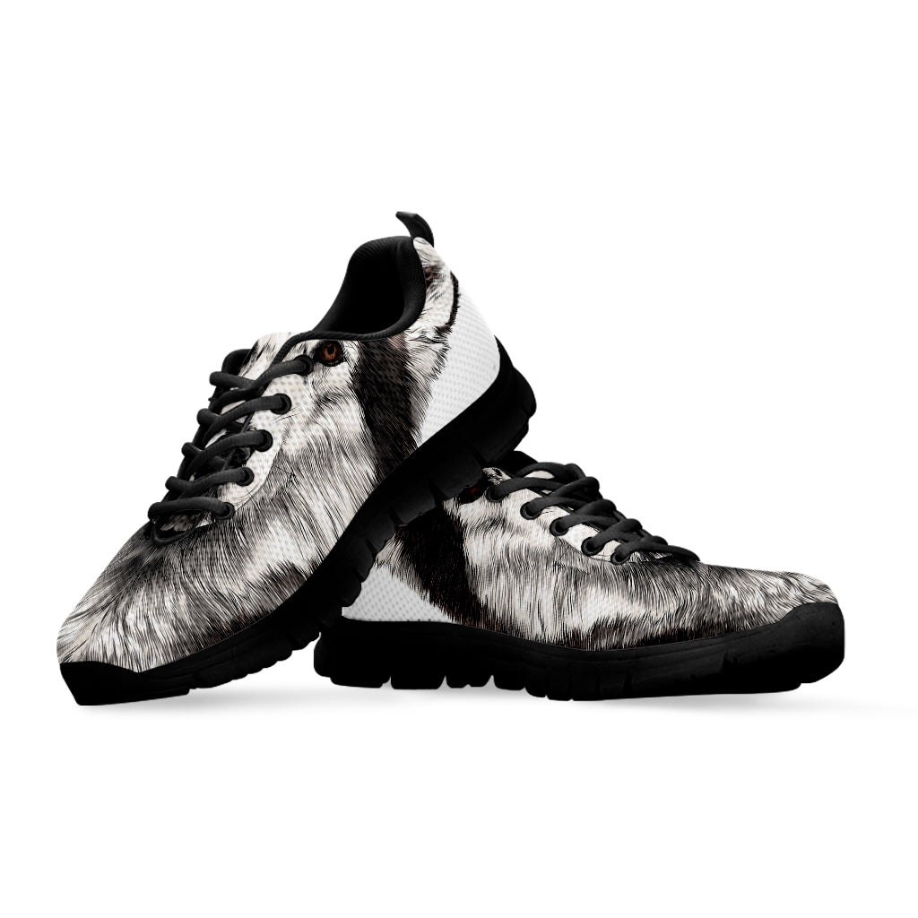 Hand Drawn Alaskan Malamute Print Black Sneakers