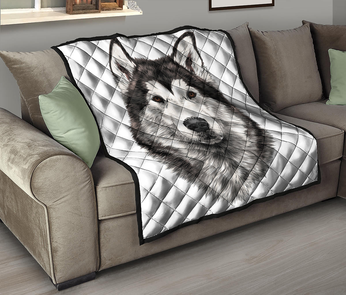 Hand Drawn Alaskan Malamute Print Quilt