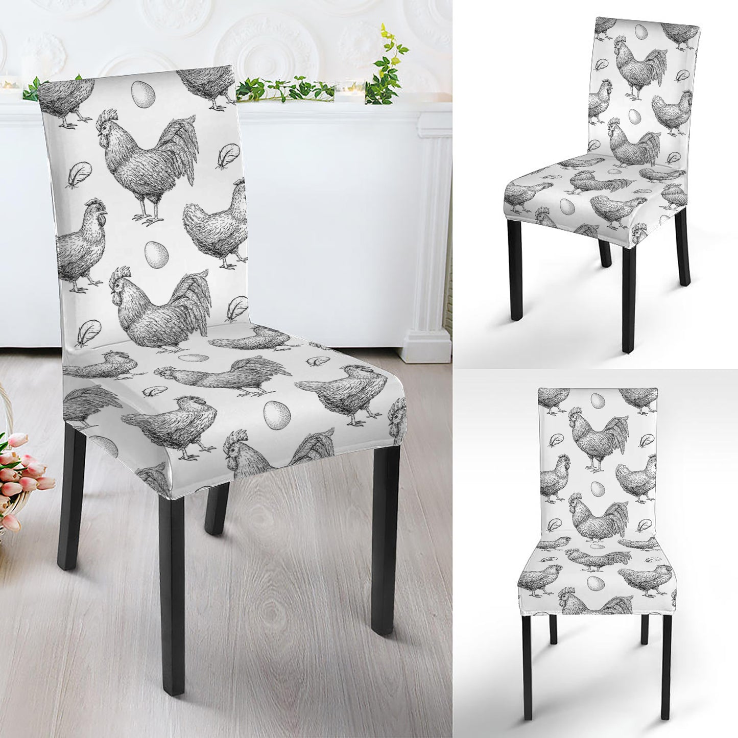 Hand Drawn Chicken Pattern Print Dining Chair Slipcover