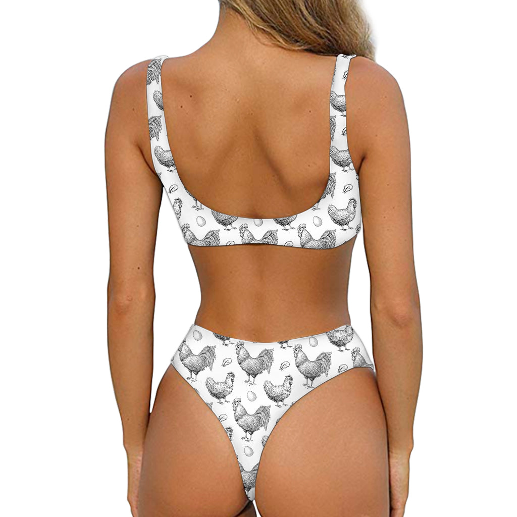 Hand Drawn Chicken Pattern Print Front Bow Tie Bikini