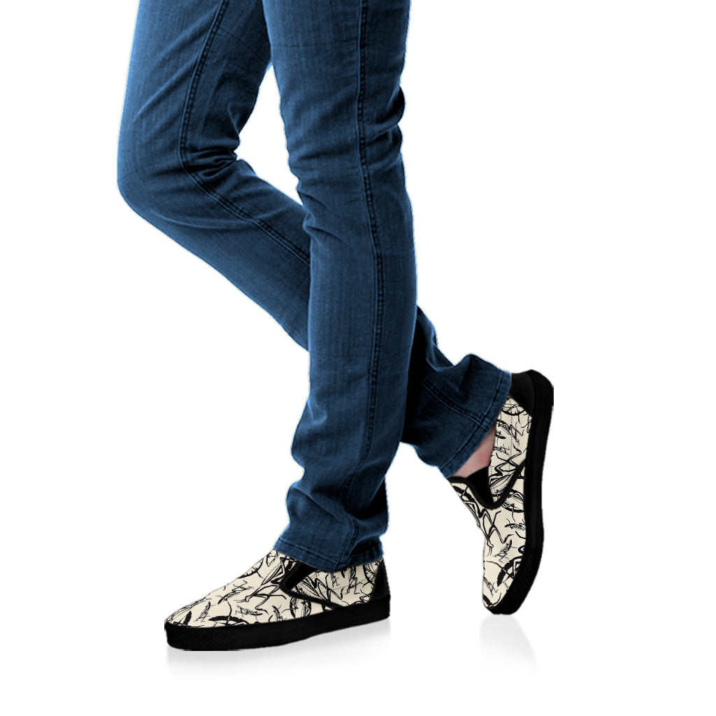 Hand Drawn Mantis Pattern Print Black Slip On Shoes