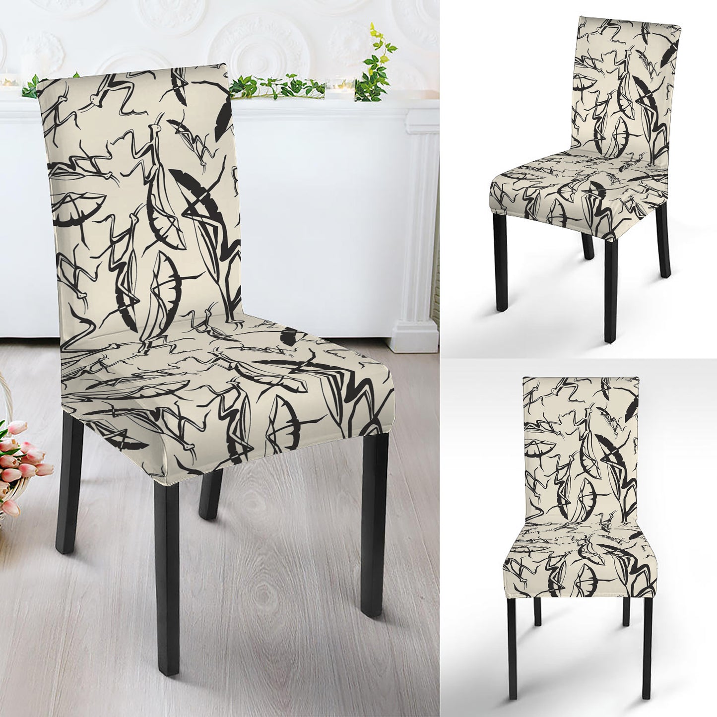 Hand Drawn Mantis Pattern Print Dining Chair Slipcover