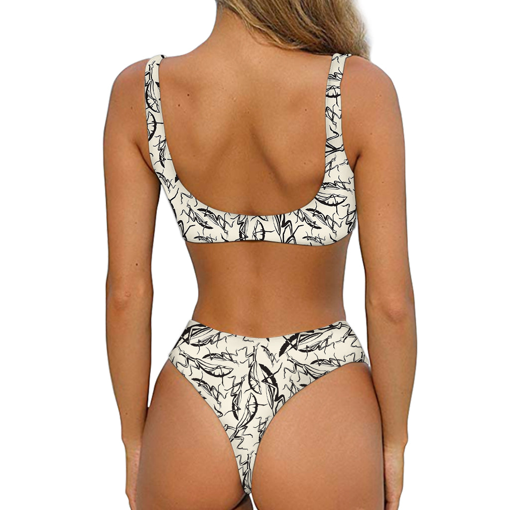 Hand Drawn Mantis Pattern Print Front Bow Tie Bikini