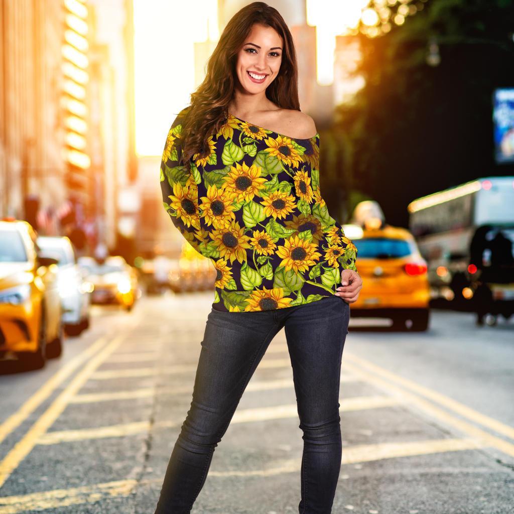 Hand Drawn Sunflower Pattern Print Off Shoulder Sweatshirt GearFrost