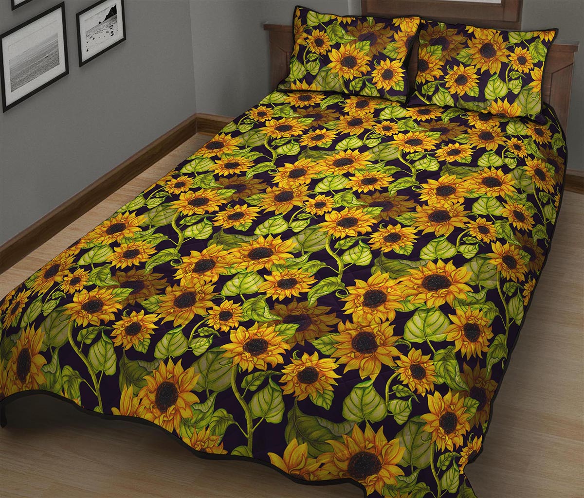 Hand Drawn Sunflower Pattern Print Quilt Bed Set