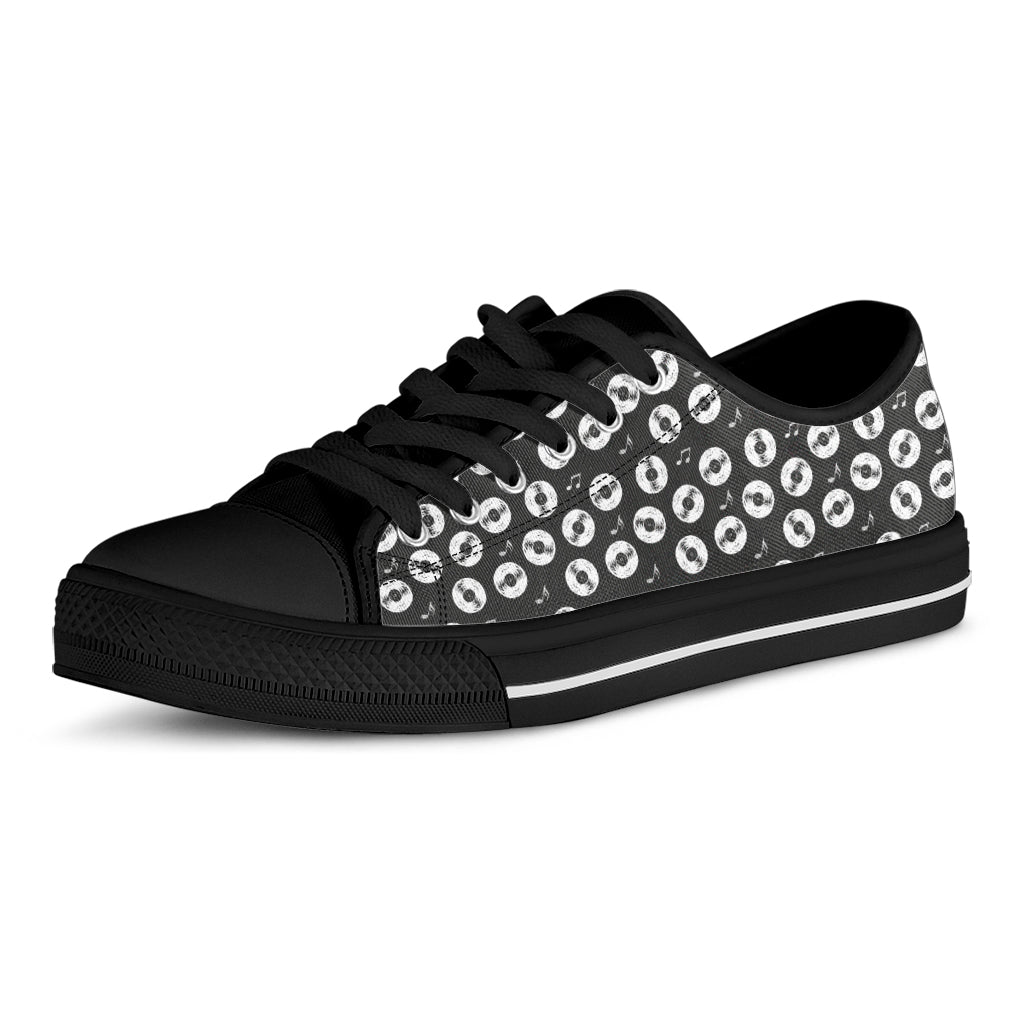 Hand Drawn Vinyl Record Pattern Print Black Low Top Shoes
