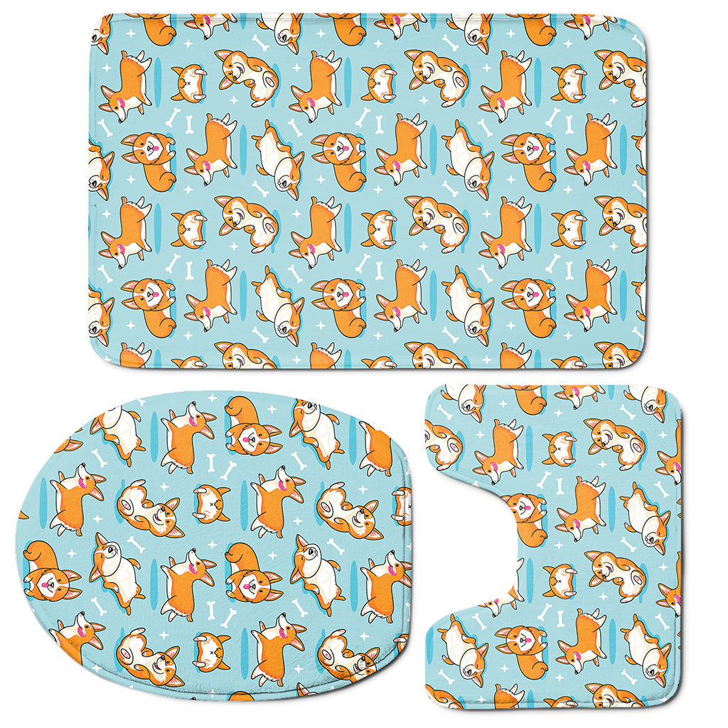Happy Corgi Pattern Print 3 Piece Bath Mat Set