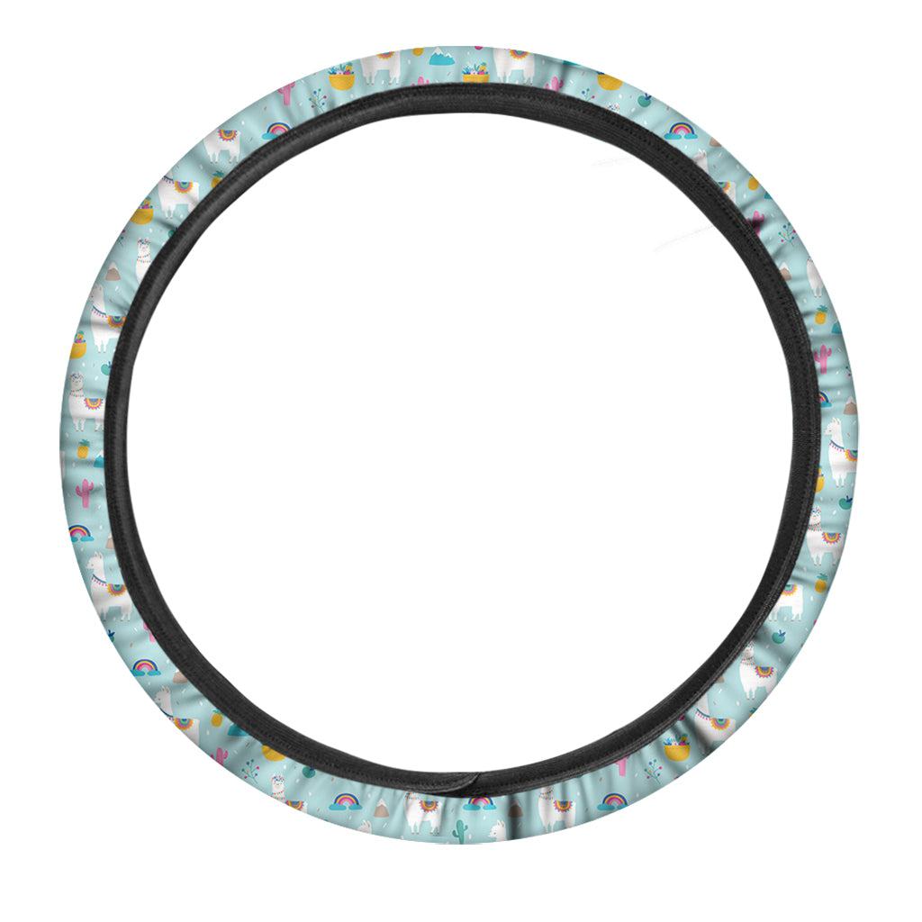 Happy Llama And Cactus Pattern Print Car Steering Wheel Cover