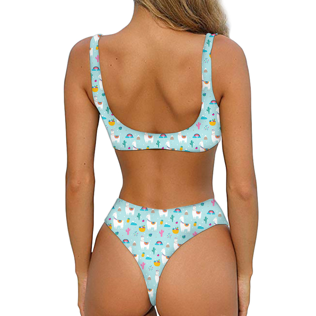 Happy Llama And Cactus Pattern Print Front Bow Tie Bikini