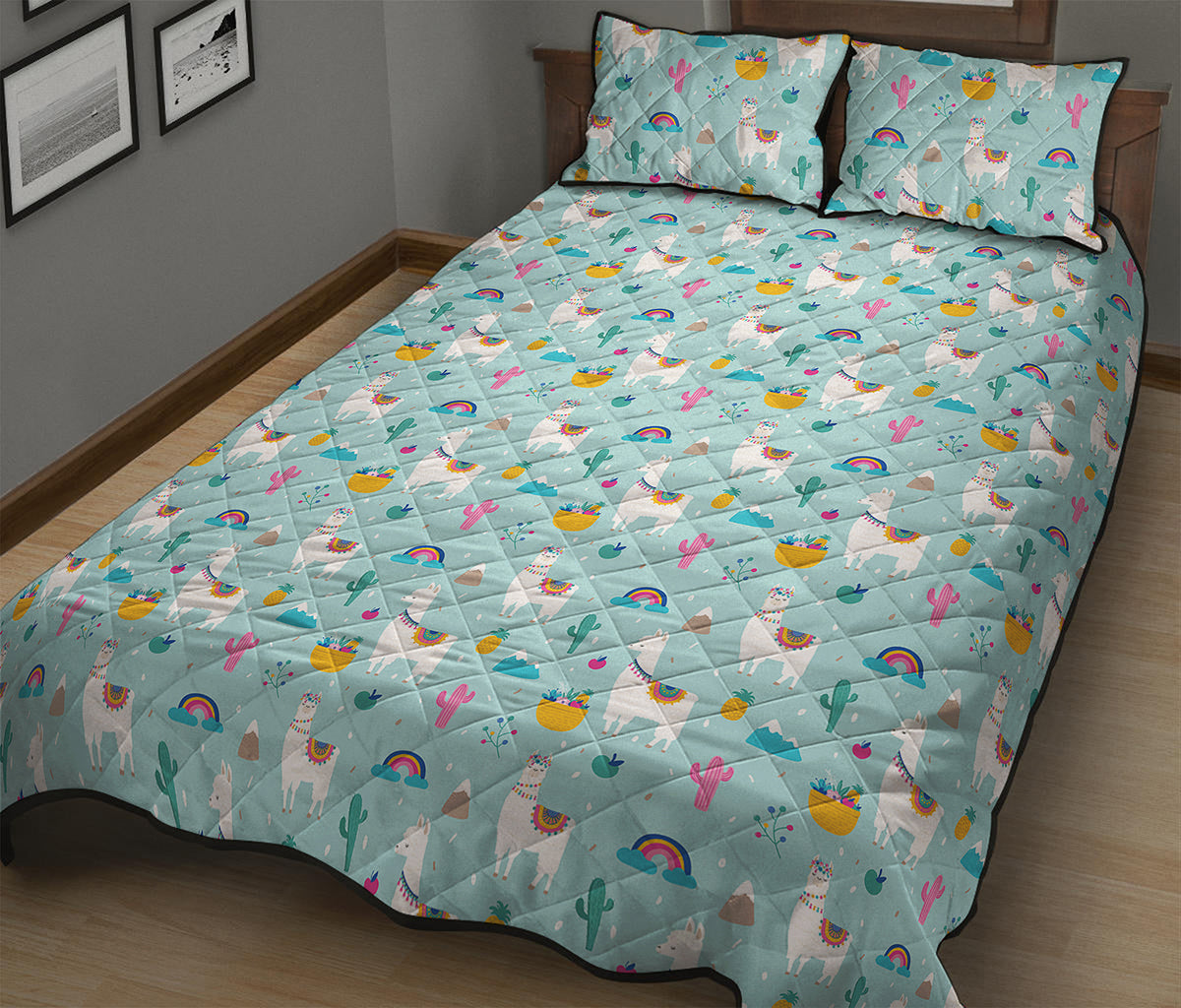 Happy Llama And Cactus Pattern Print Quilt Bed Set