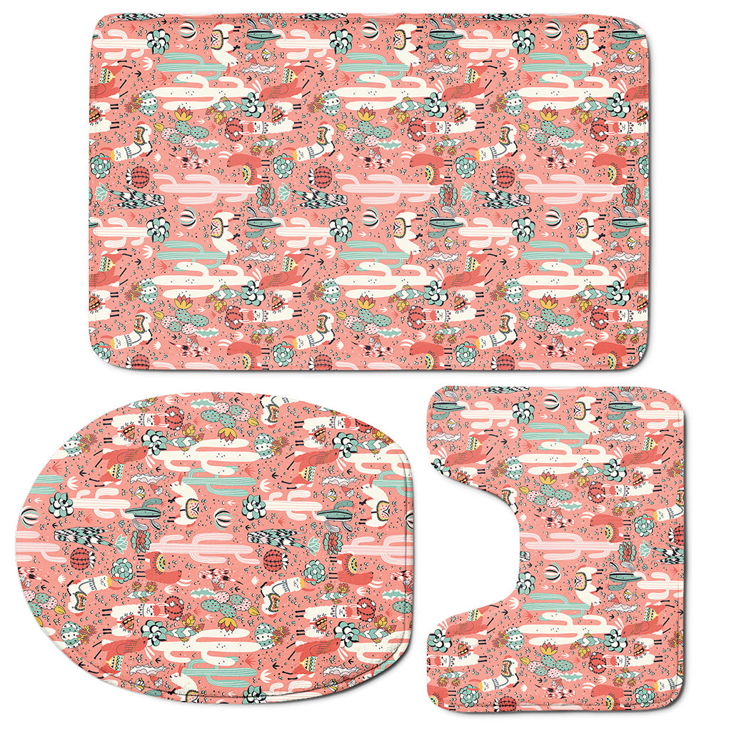 Happy Llama Pattern Print 3 Piece Bath Mat Set