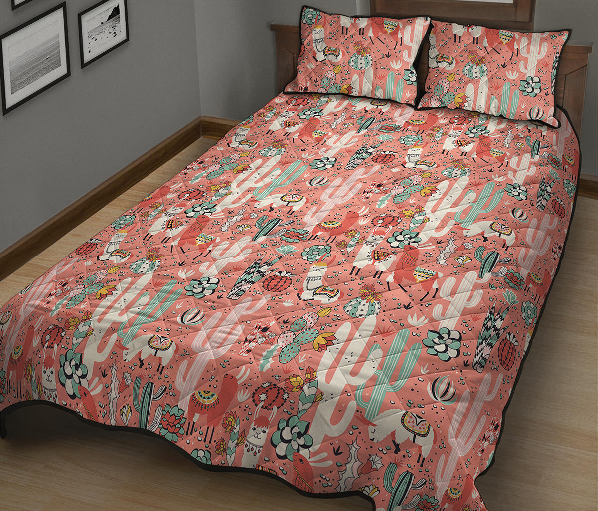 Happy Llama Pattern Print Quilt Bed Set