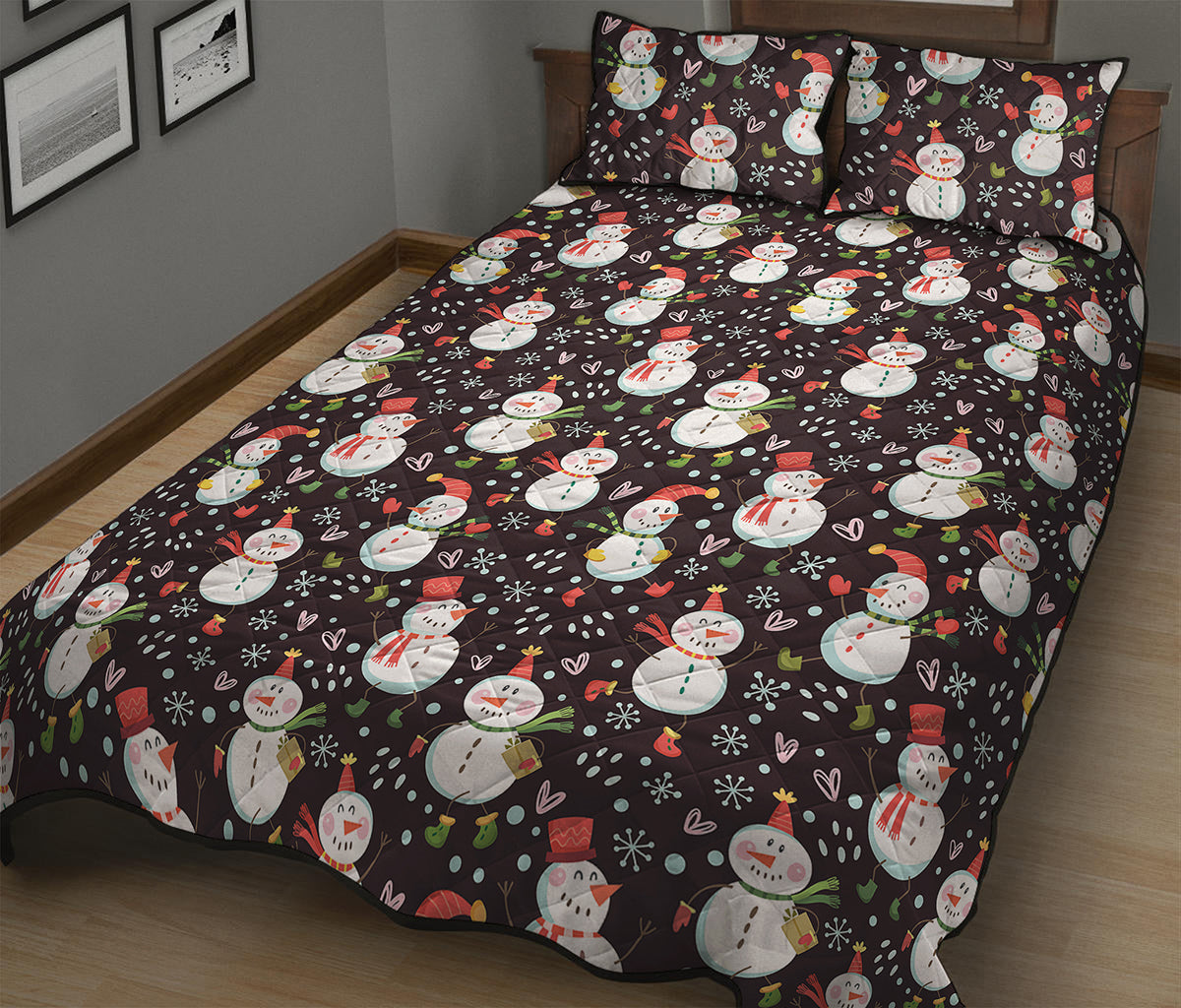 Happy Snowman Pattern Print Quilt Bed Set