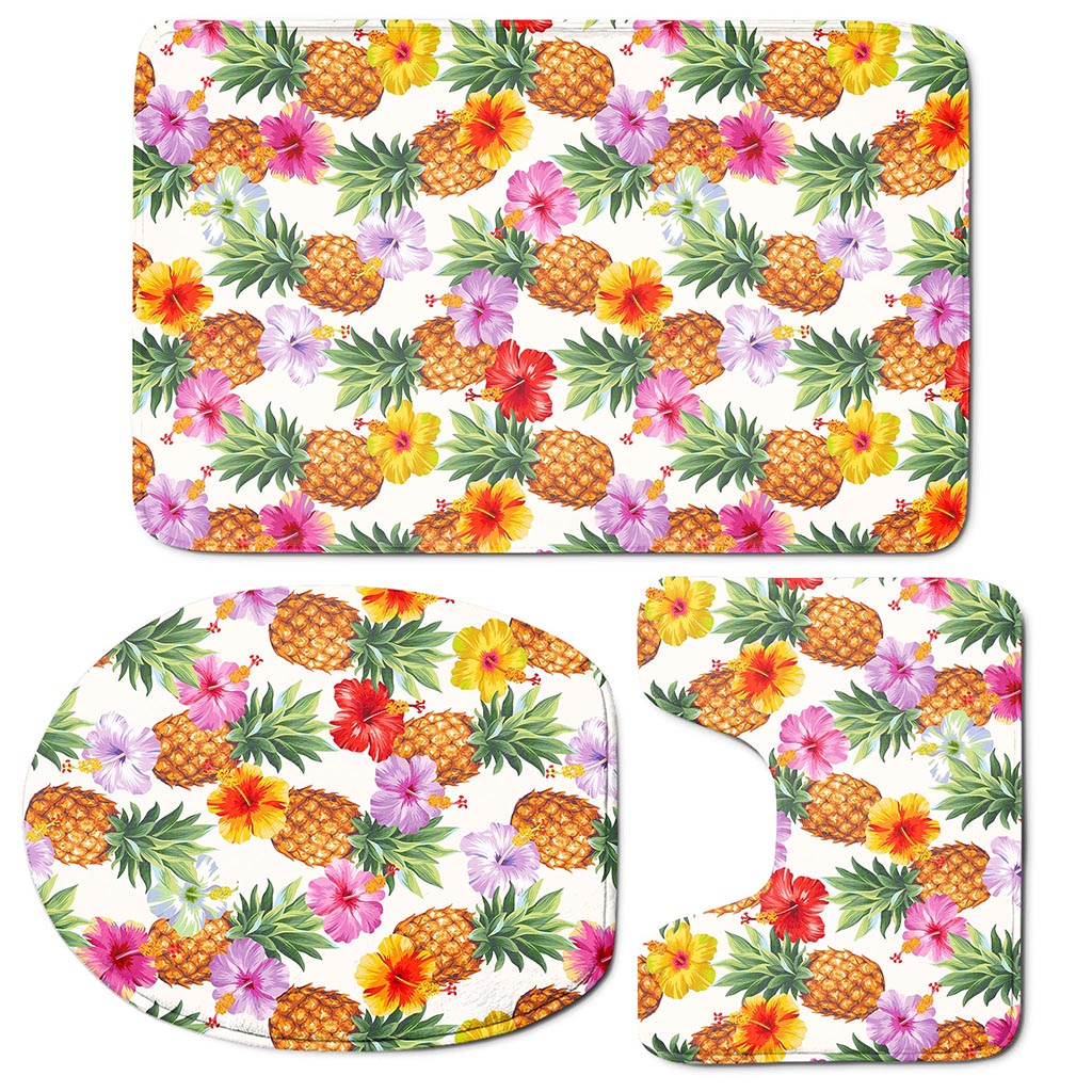 Hawaii Hibiscus Pineapple Pattern Print 3 Piece Bath Mat Set