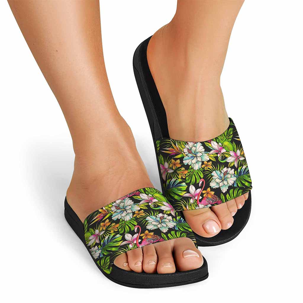 Hawaiian Aloha Tropical Pattern Print Black Slide Sandals