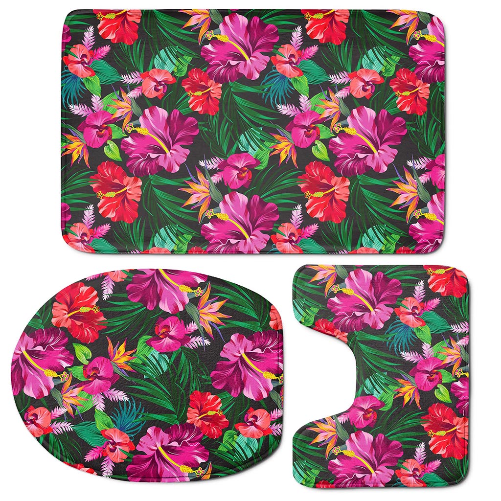 Hawaiian Floral Flowers Pattern Print 3 Piece Bath Mat Set