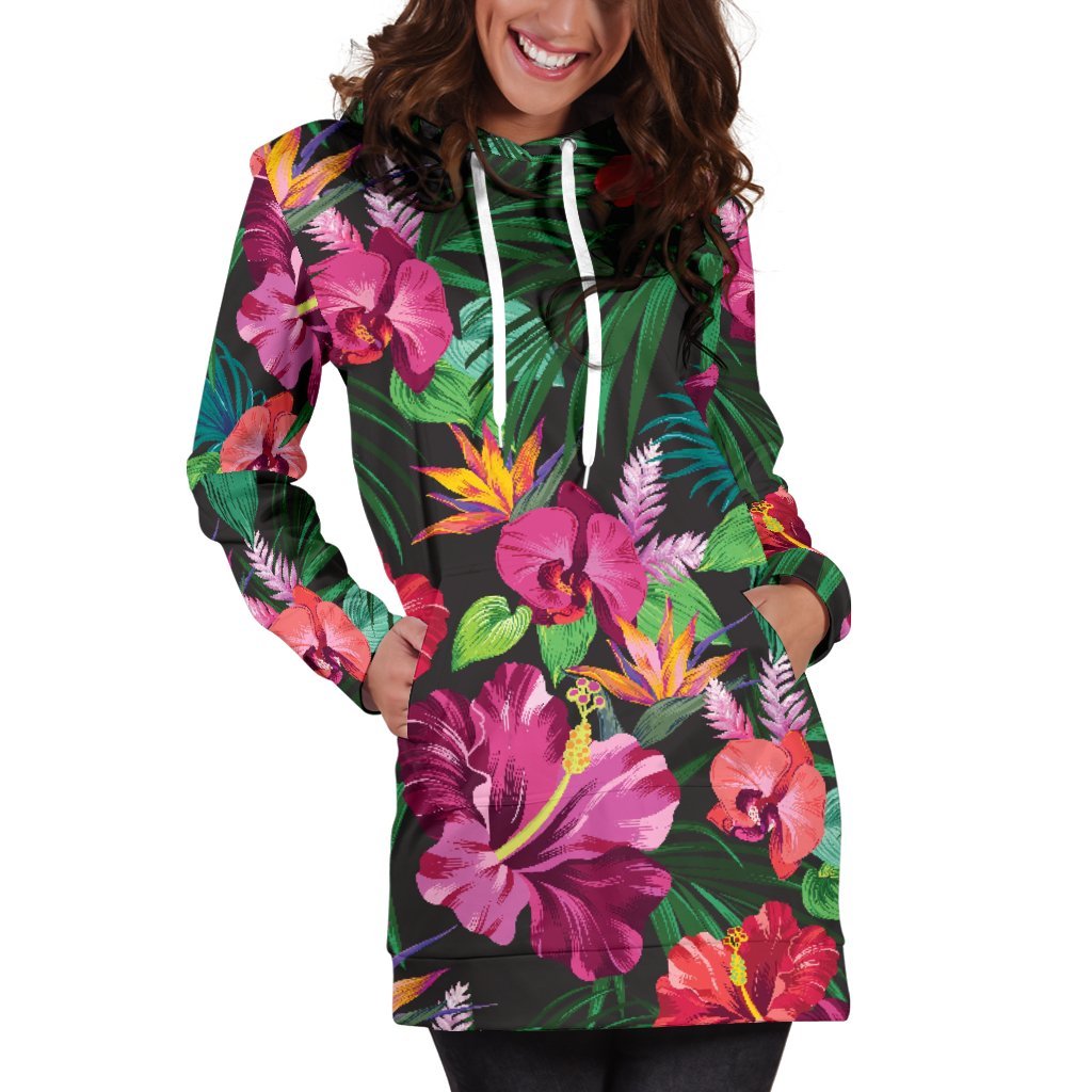 Hawaiian Floral Flowers Pattern Print Hoodie Dress GearFrost