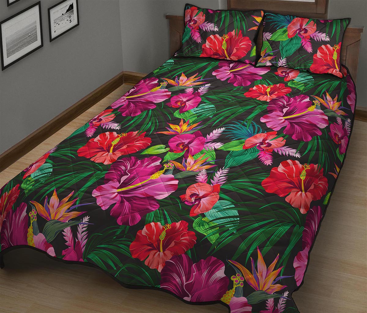 Hawaiian Floral Flowers Pattern Print Quilt Bed Set