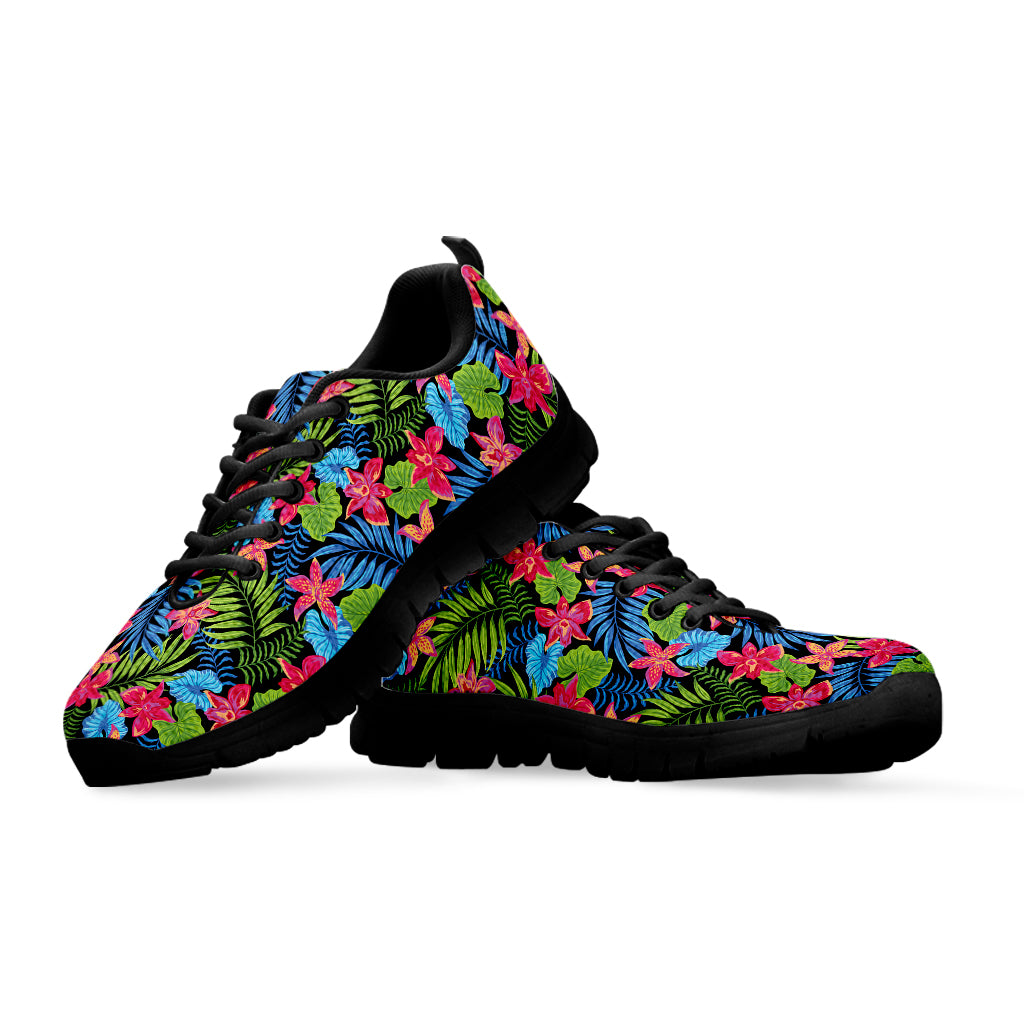 Hawaiian Floral Pattern Print Black Sneakers