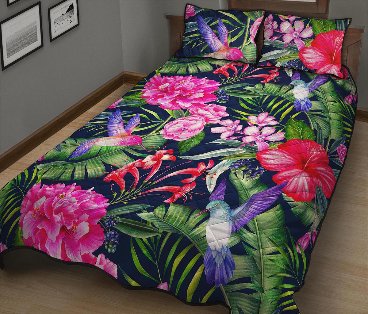 Hawaiian Tropical Birds Pattern Print Quilt Bed Set