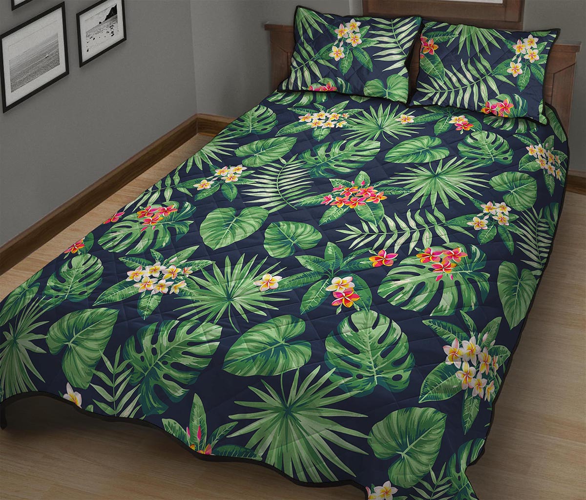 Hawaiian Tropical Leaves Pattern Print Quilt Bed Set