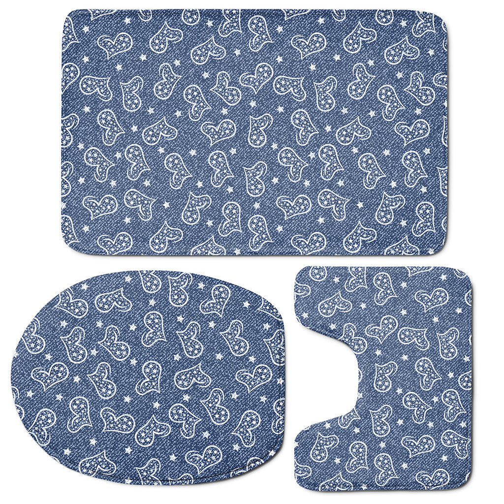 Heart And Star Denim Jeans Pattern Print 3 Piece Bath Mat Set