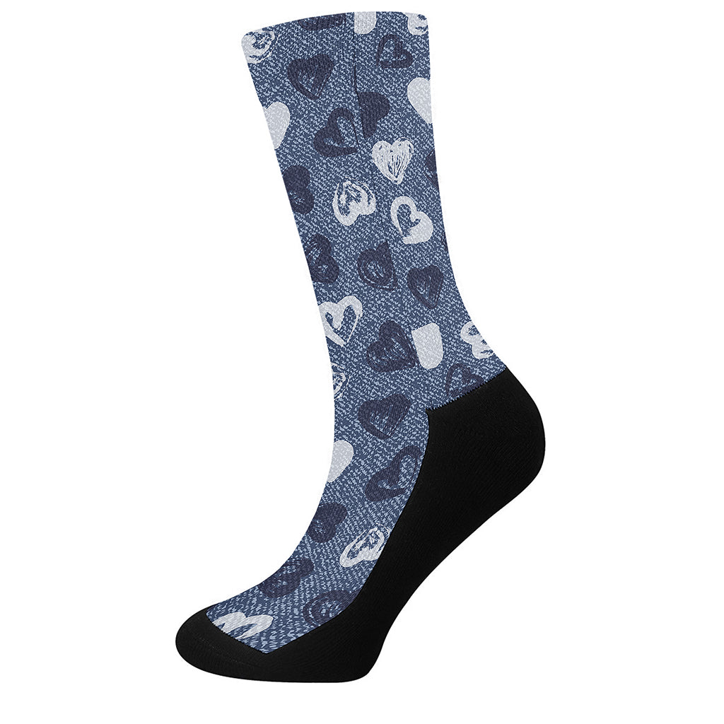 Heart Denim Jeans Pattern Print Crew Socks