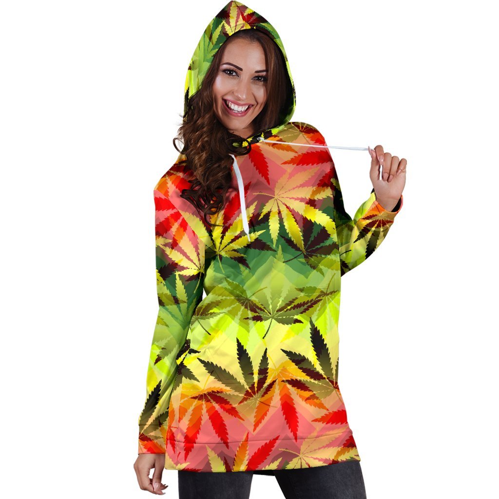 Hemp Leaf Reggae Pattern Print Hoodie Dress GearFrost