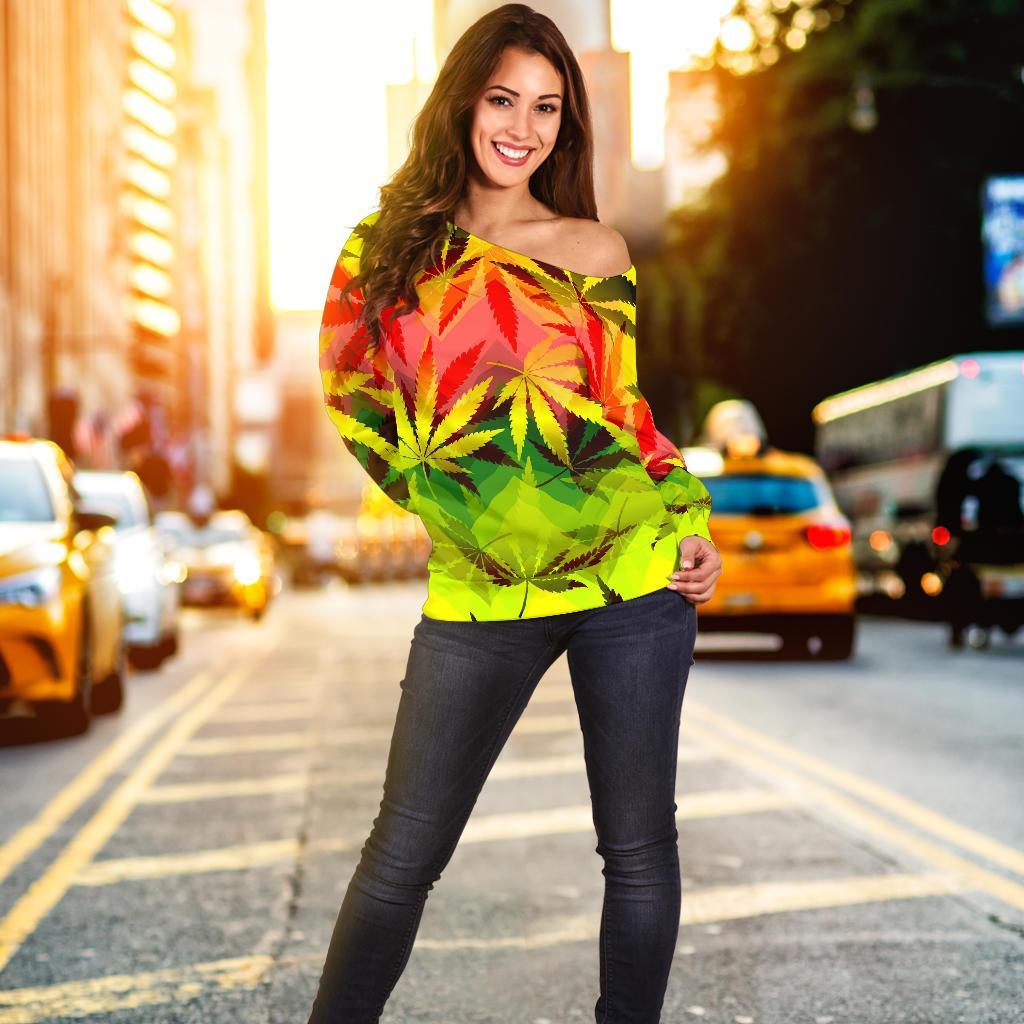 Hemp Leaf Reggae Pattern Print Off Shoulder Sweatshirt GearFrost